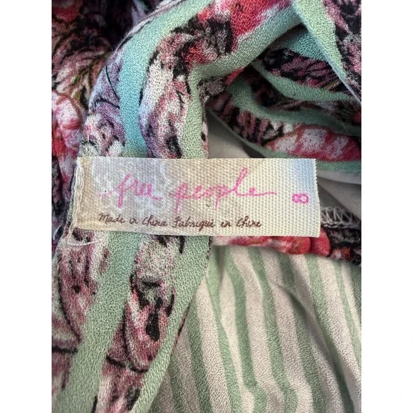 Free People Boho Floral Striped Maxi Dress Sage Green Pink Cutout Back Pockets - Picture 9 of 11